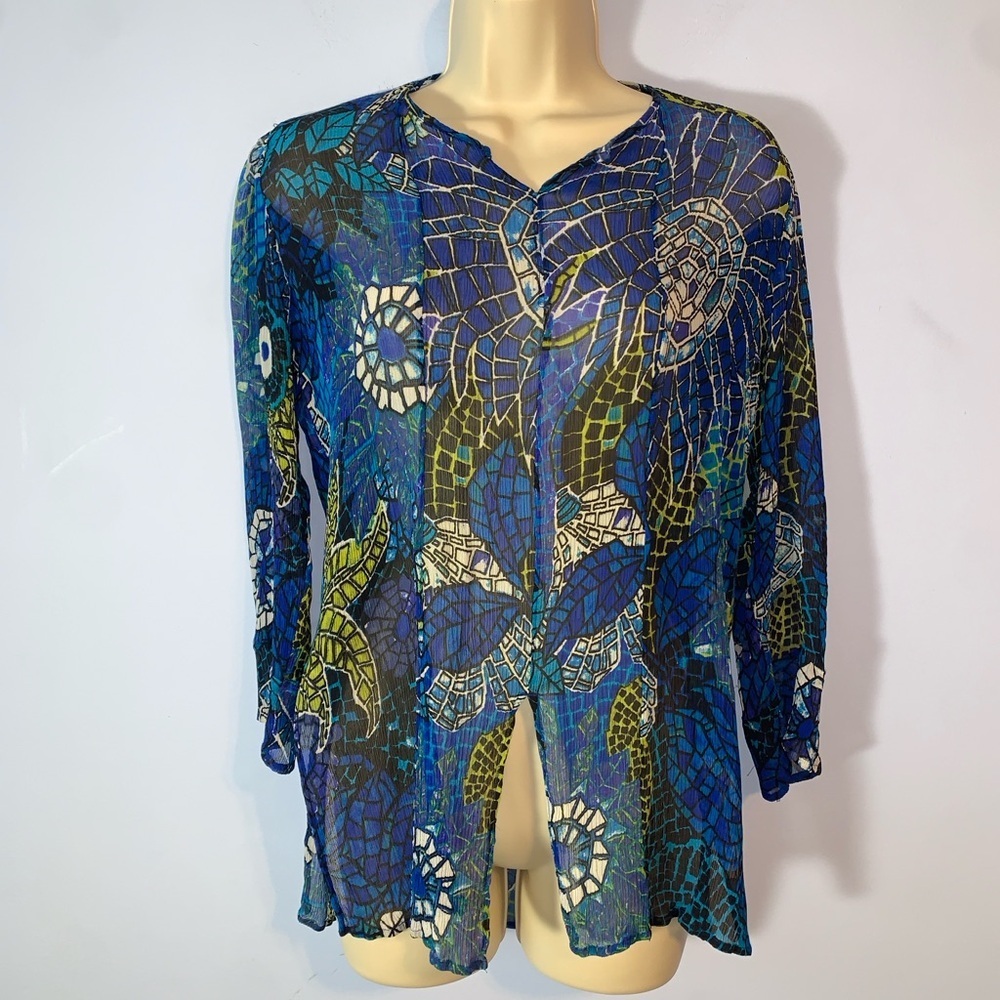 Chicos 100% silk tunic Blue Floral mosaic Sheer Women's Top paneled size 2 Large